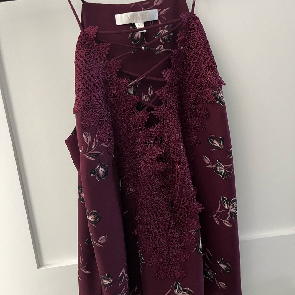 Wayf Burgundy Floral Lace-Trim Midi Skirt